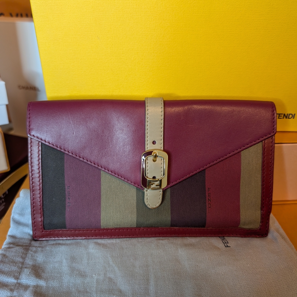SOLD ⭐ Fendi Magenta Leather and Pequin Canvas Envelope Clutch